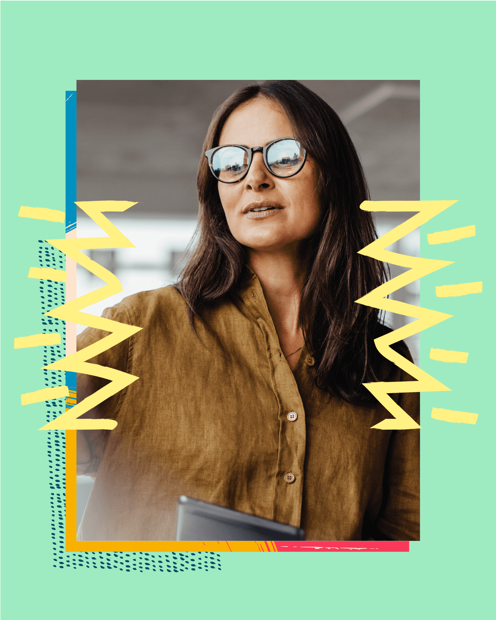 Ciphr brand — woman smiling at laptop with graphic yellow arrows