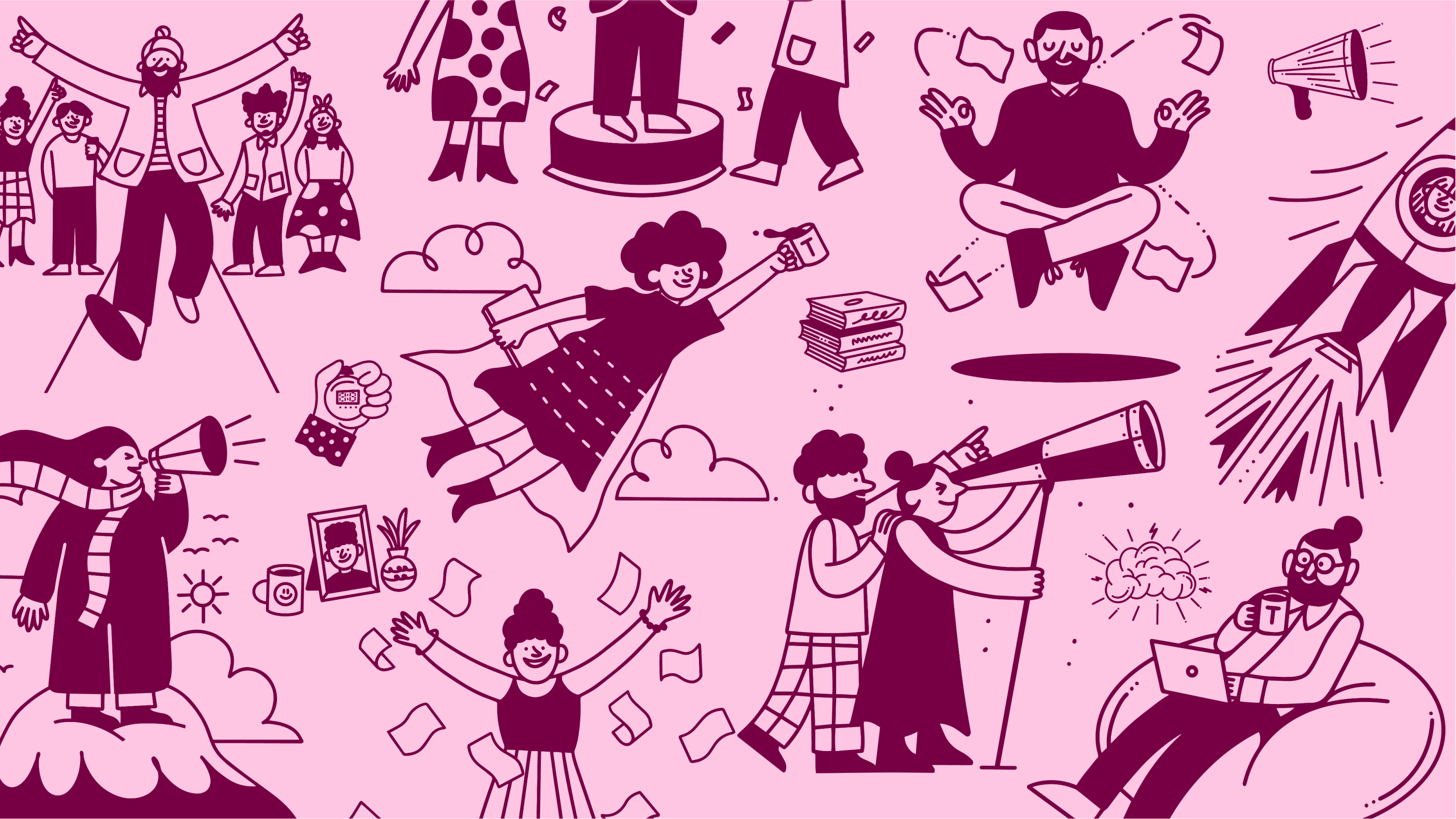 Ciphr illustration system — full set of brand characters on pink