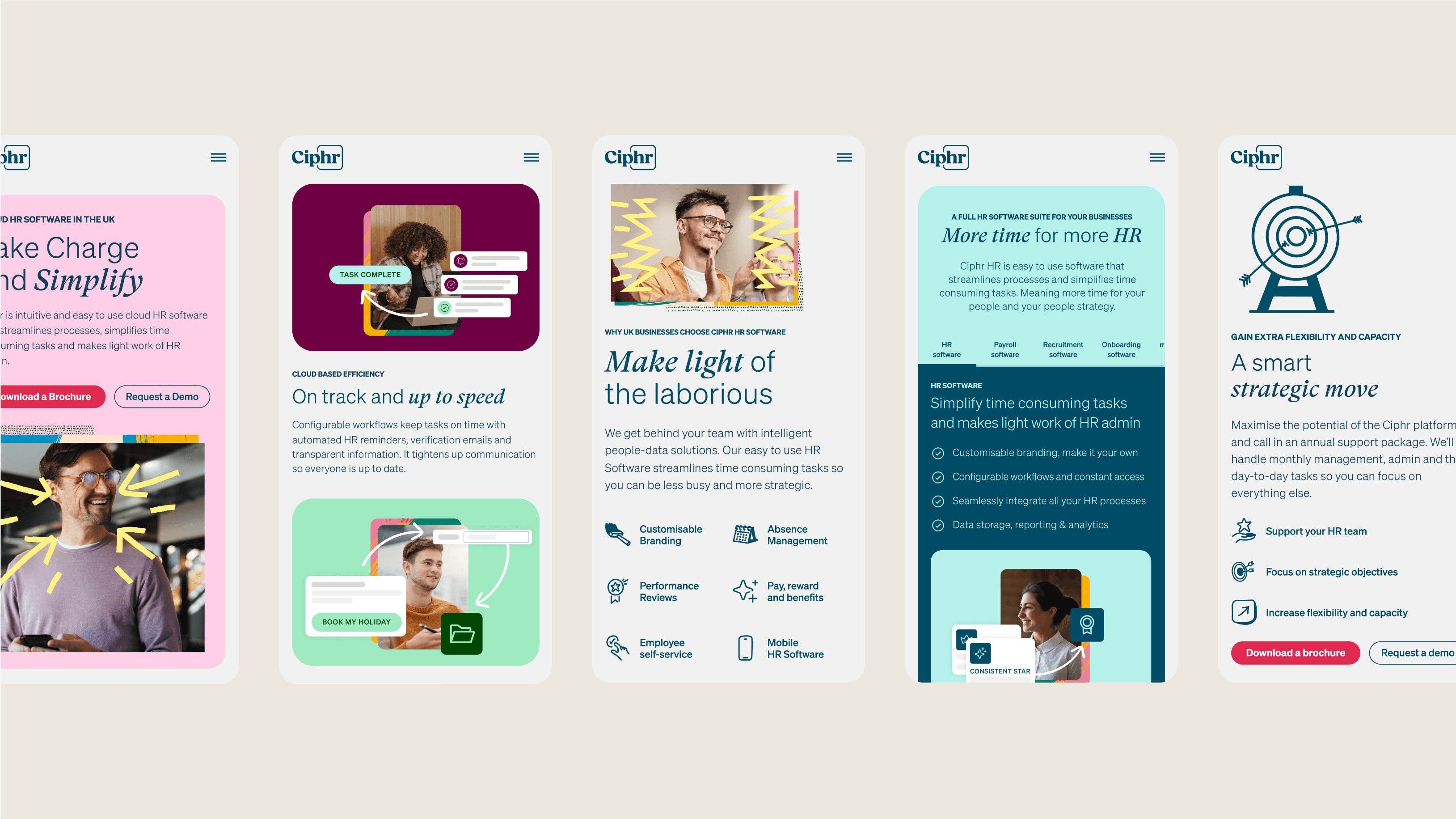 Ciphr product — mobile UI screens across multiple views