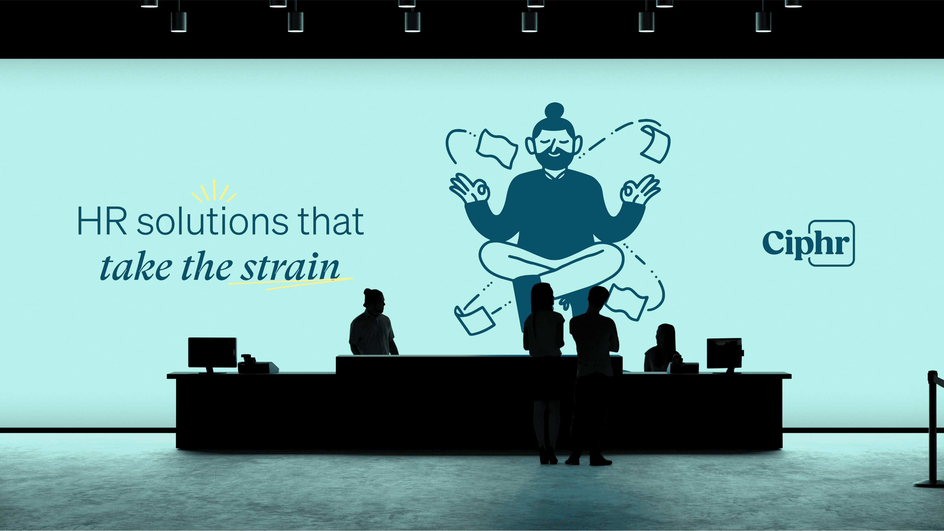 Ciphr OOH — 'HR solutions that take the strain' projected on a building facade