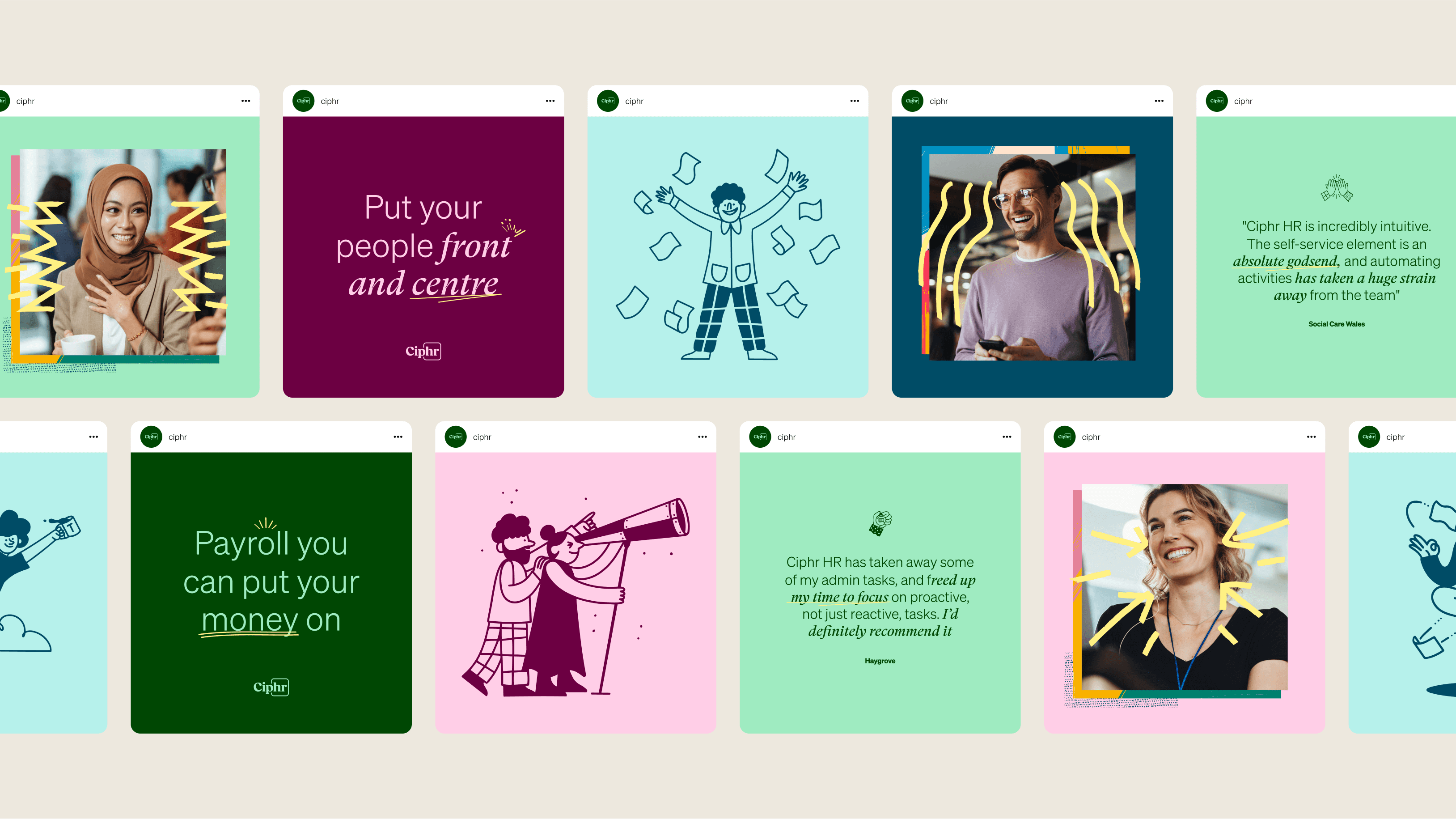 Ciphr social media — grid of branded social posts across formats