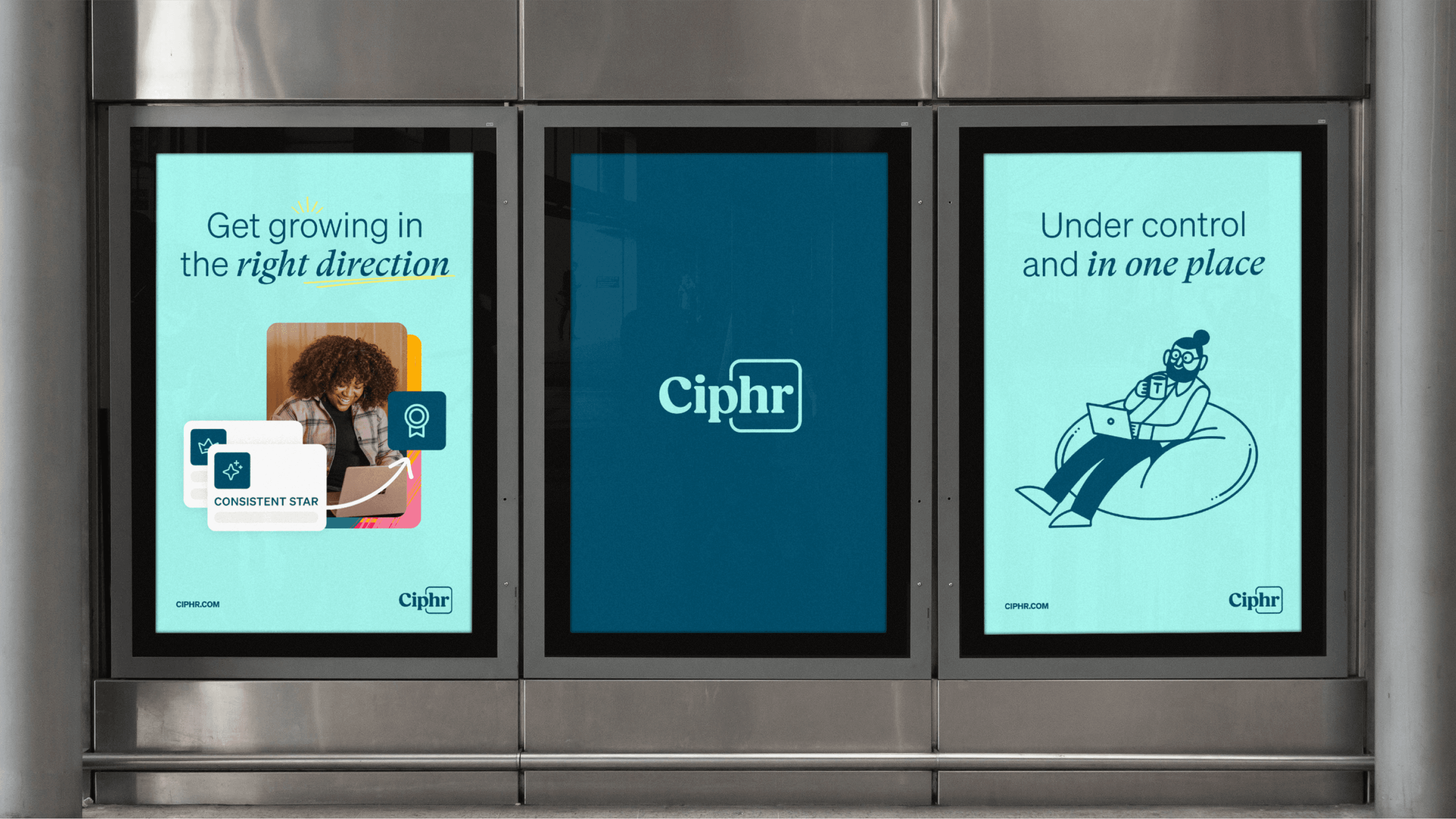 Ciphr tube station ad panels — Get growing in the right direction · Ciphr · Under control and in one place
