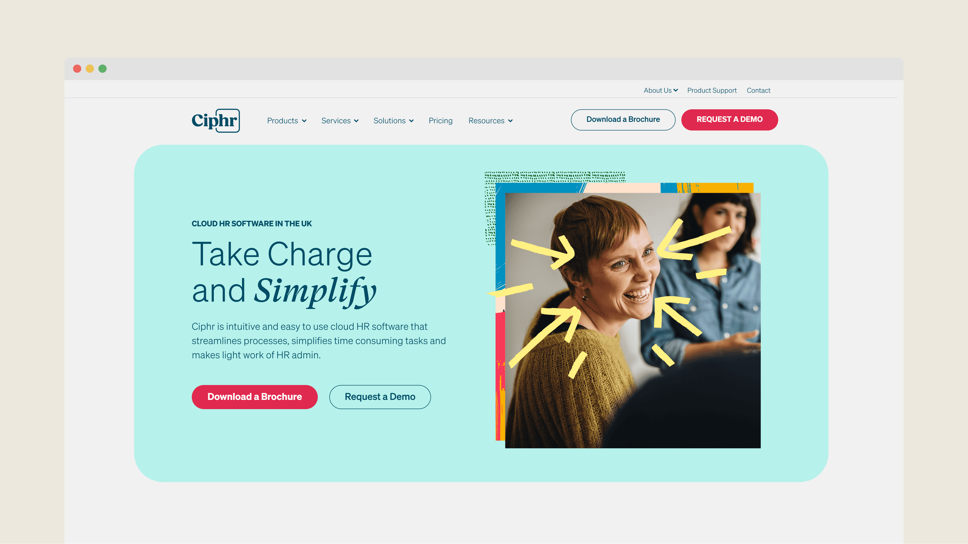 Ciphr website — 'Take Charge and Simplify' homepage browser mockup