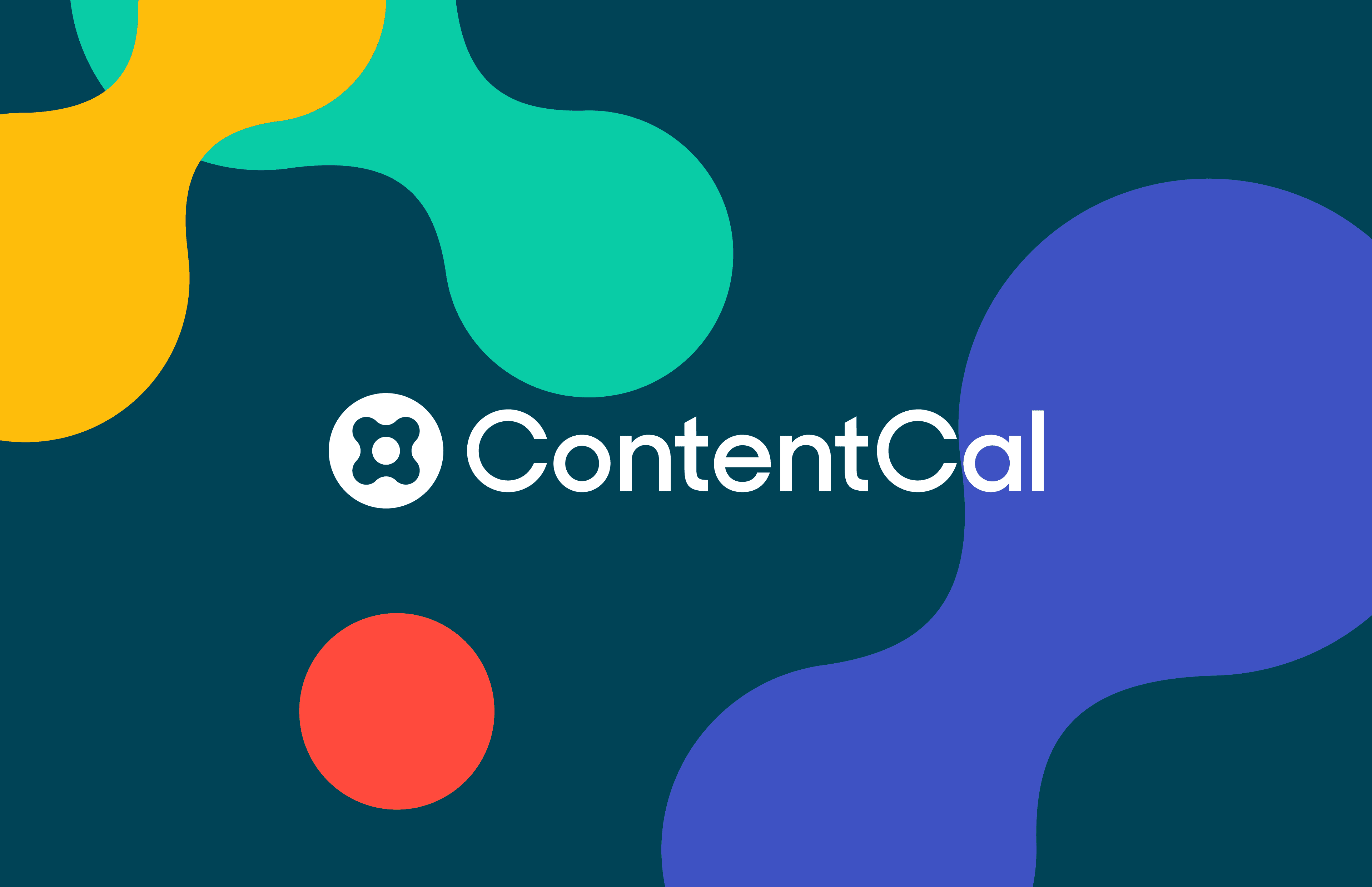 ContentCal brand identity — logo on teal with morphing shapes