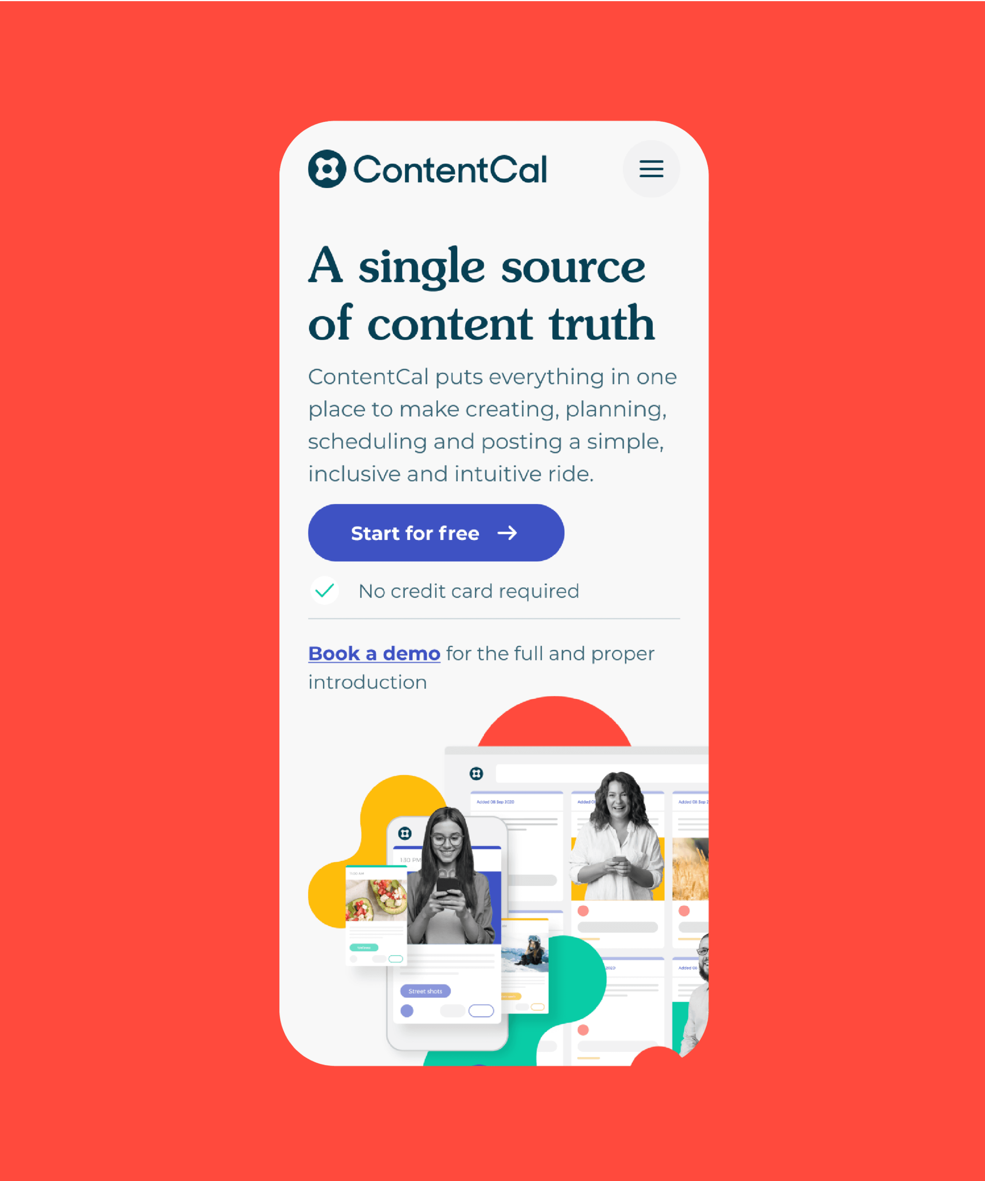 ContentCal mobile — 'A single source of content truth' on red