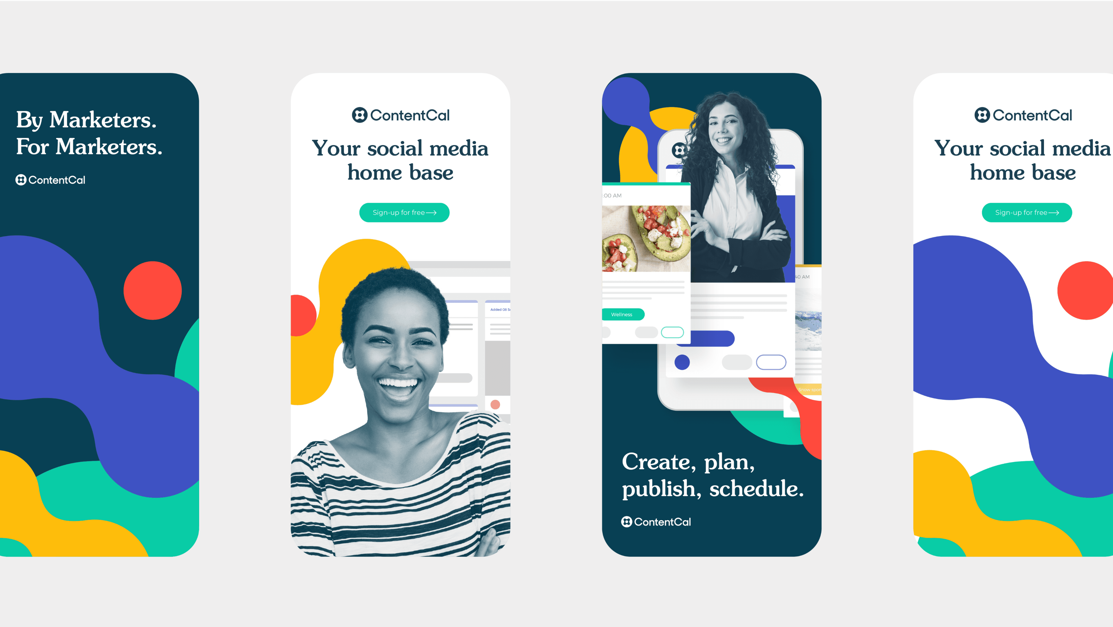 ContentCal mobile screens — By Marketers, For Marketers across four formats