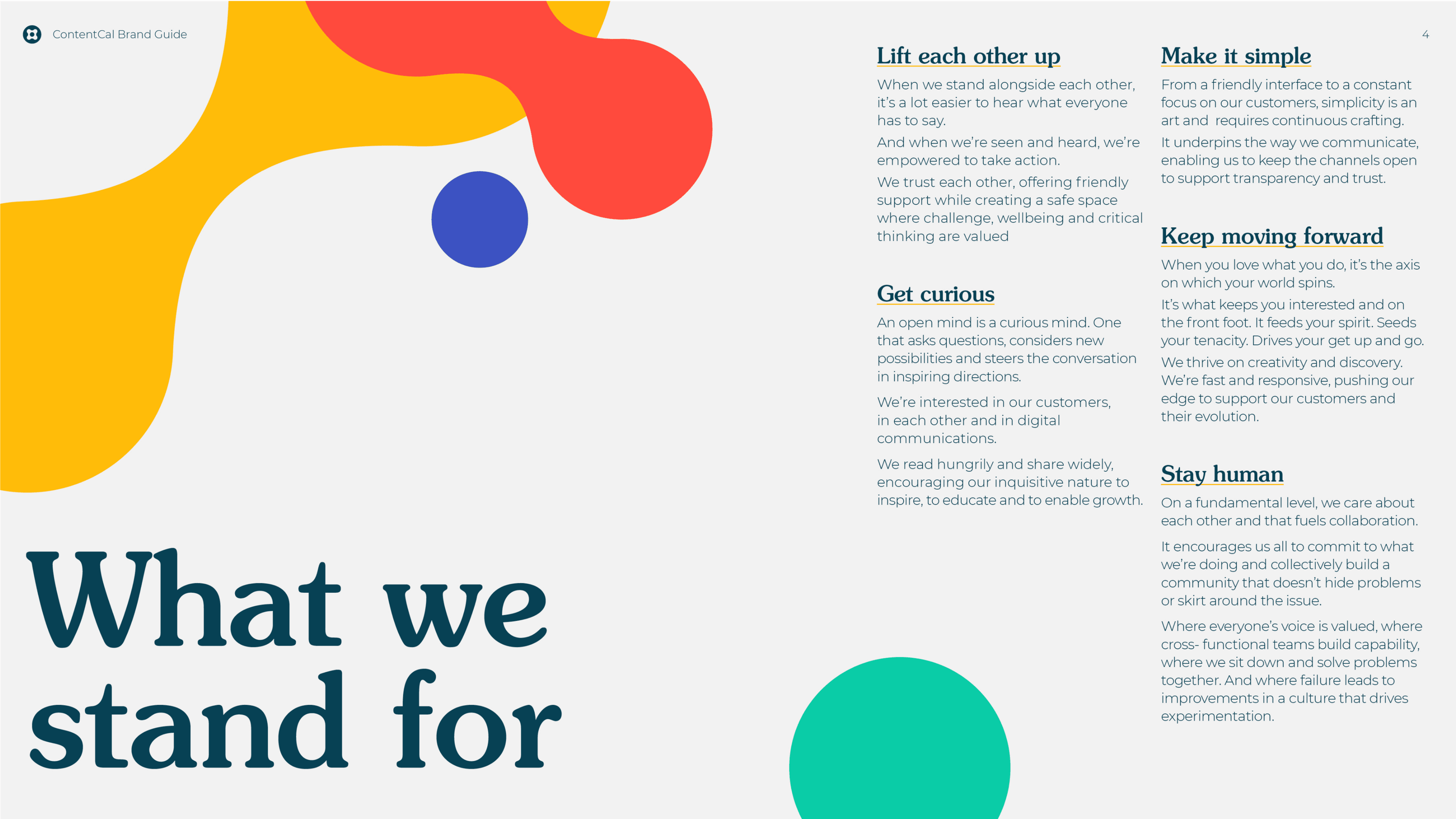 ContentCal brand guideline — 'What we stand for' values page