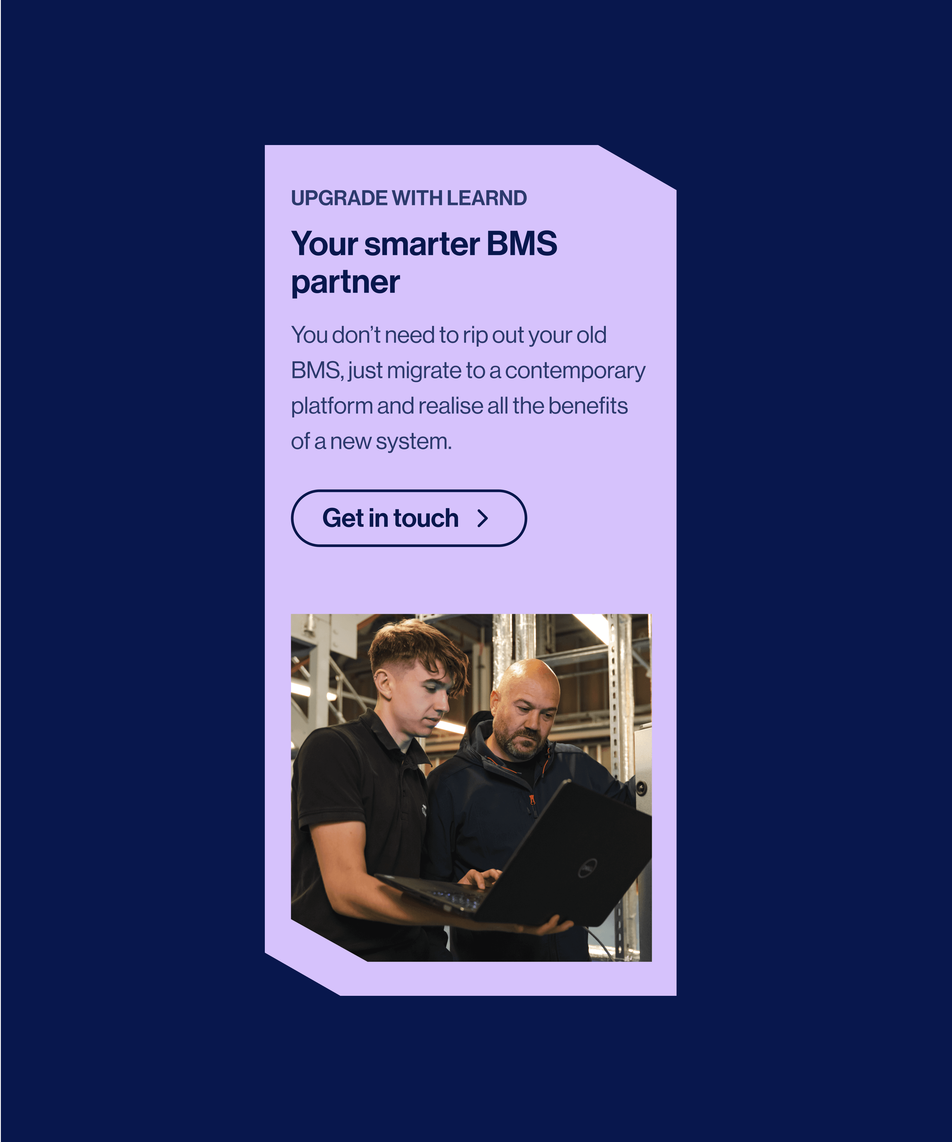 Learnd — 'Delivering outcomes for everyone' brand panel on dark navy