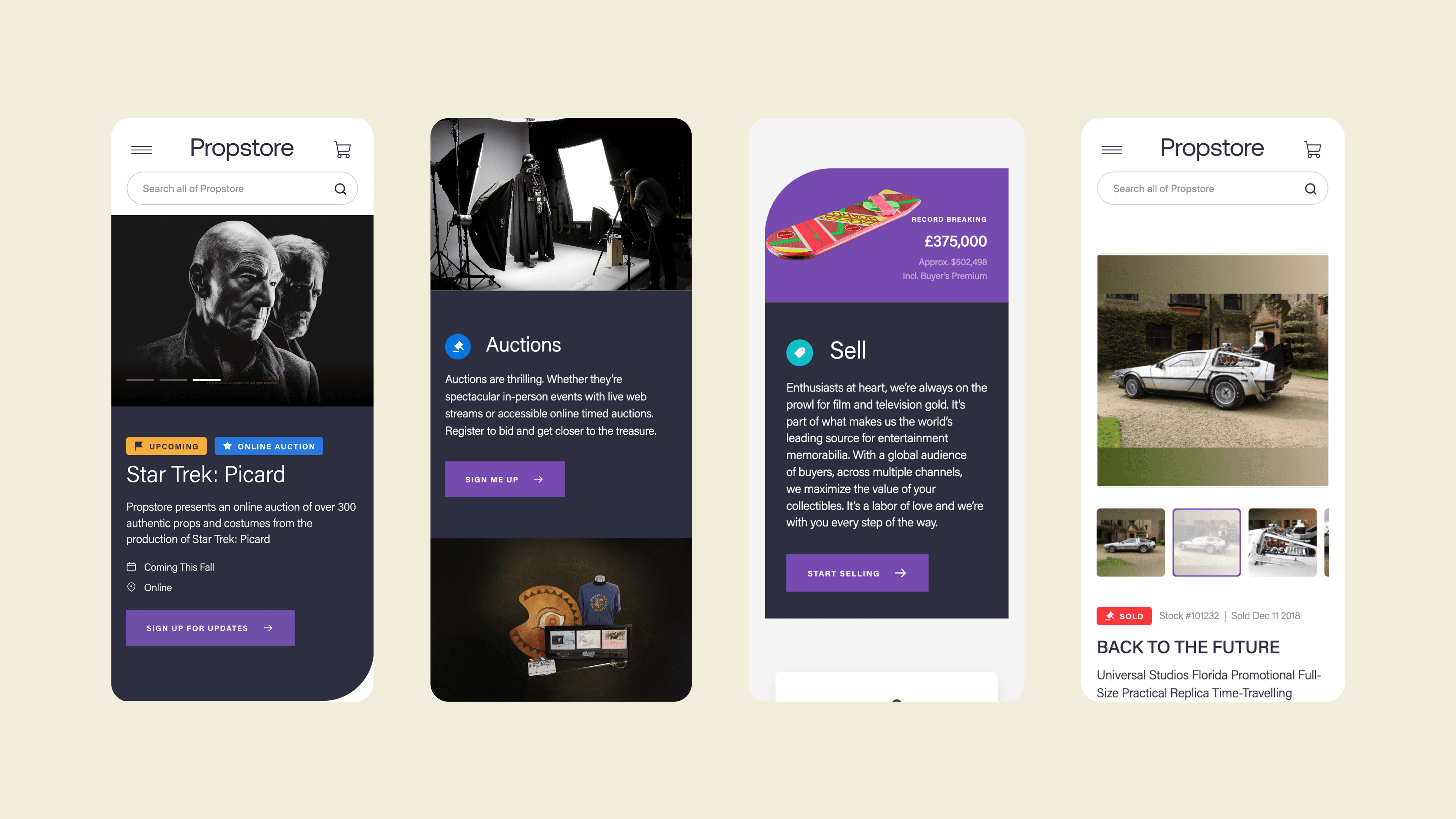 Propstore mobile app — auction experience across four screens