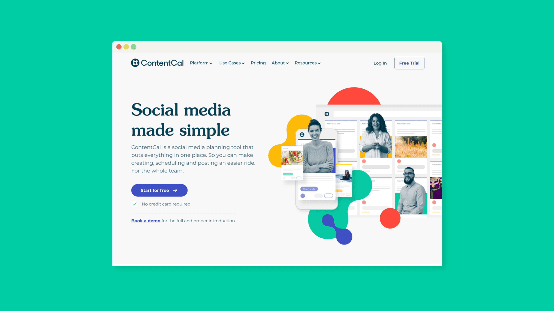 ContentCal website — 'Social media made simple' homepage on green background